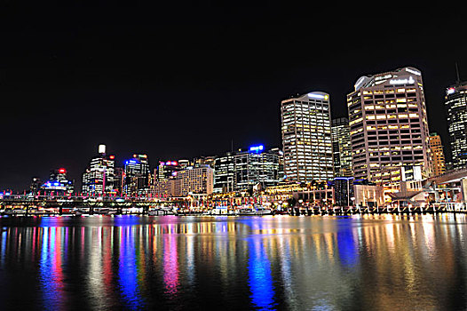 澳大利亚悉尼达令港夜景灯光倒影