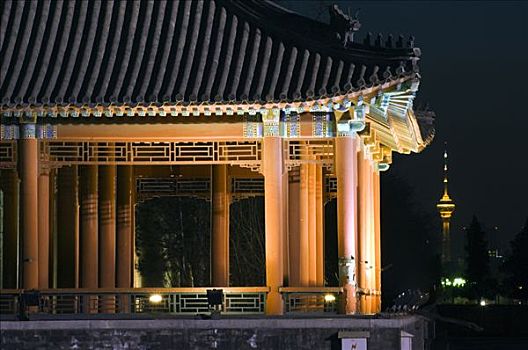 中国,北京,故宫,光亮,中央电视塔,远景,世界遗产