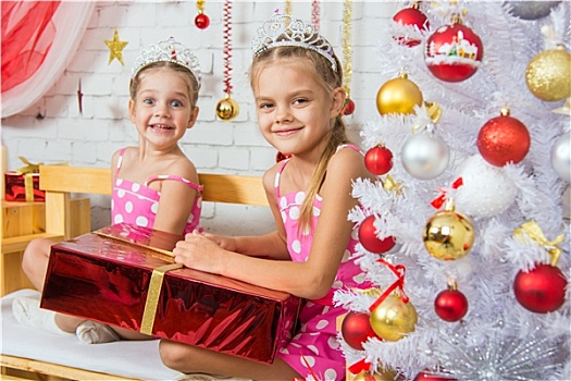 两个,高兴,女孩,坐,长椅,圣诞礼物