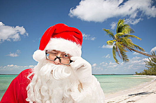 圣诞节,休假,旅行,人,概念,特写,圣诞老人,玻璃,眨眼,上方,热带沙滩,背景