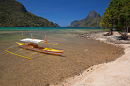 木质,螃蟹船,船,坐,美景,景色,湾,埃尔尼多,巴拉望岛,菲律宾