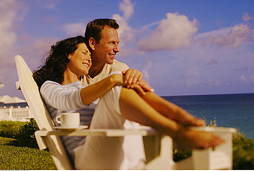 坐,夫妇,沙滩椅,天堂岛,巴哈马