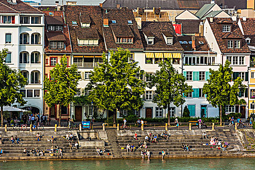 人,坐,台阶,海堤,莱茵河,河,巴塞尔,瑞士