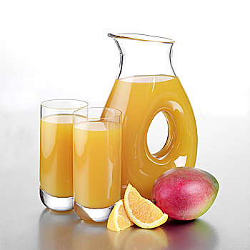 罐,芒果,橙汁,两个,满,玻璃杯