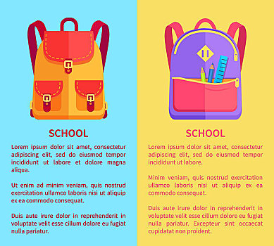 学校,背包,男孩,女孩,文具,橙色,紫色,彩色,大,金属,紧固物件,矢量,插画,文字
