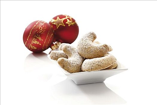 饼干,糖粉,瓷器,碗,红色,圣诞节,彩球,背影