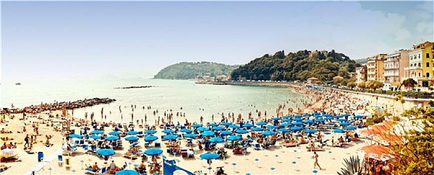 拥挤,海滩,利古里亚海,意大利,蓝色,伞