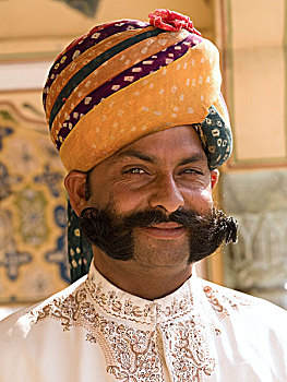 肖像,穿戴整齐,男人,穿,缠头巾,斋浦尔,拉贾斯坦邦,印度