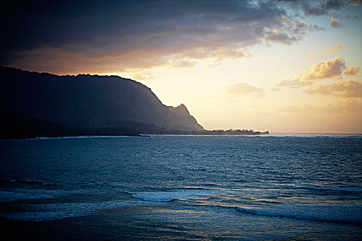 日落,湾,考艾岛,夏威夷