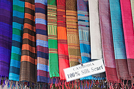 柬埔寨,收获,老,市场,材质,丝绸,店,特写,围巾