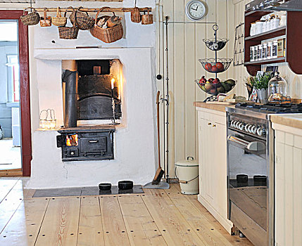 乡村,厨房,朴素,木地板,篮子,上方,烤炉