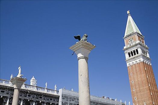 钟楼,圣马可大教堂,雕塑,狮子,圣马可广场,威尼斯,威尼托,意大利,欧洲
