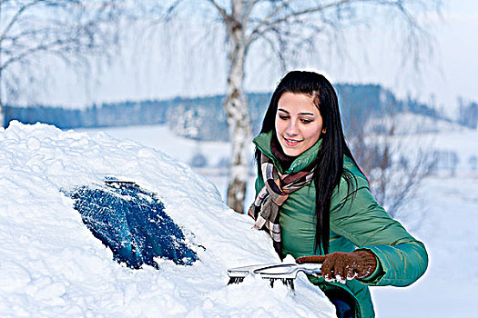 冬天,汽车,女人,雪,挡风玻璃,刷
