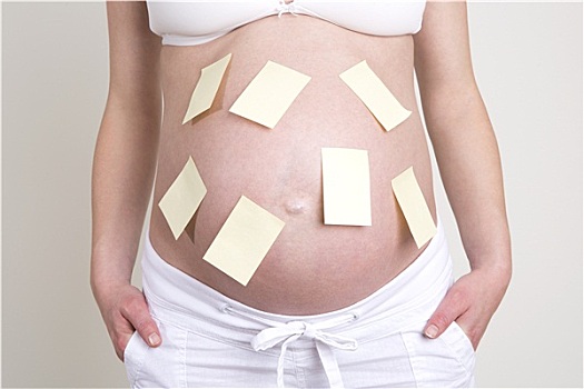 孕妇,许多,黄色,标签,腹部