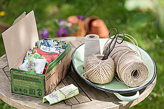 多样,种子,小包装,纸箱,细绳,花园桌