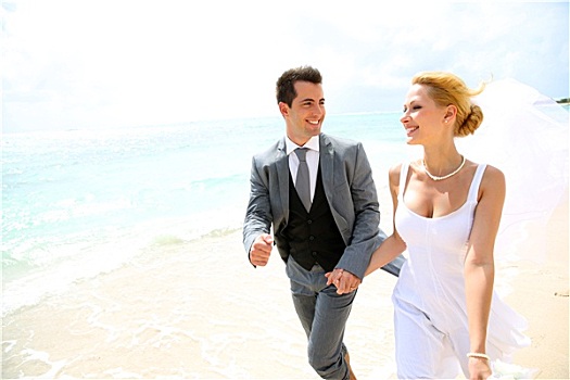 结婚,情侣,跑,沙滩