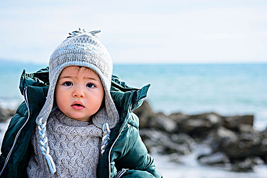 男婴,帽子,外套,海洋,冬天,意大利