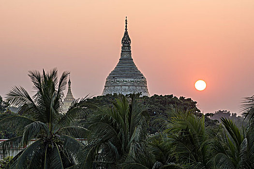 日落,塔,围绕,树,传说,区域,缅甸,亚洲