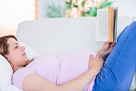 孕妇,读,书本,沙发,在家,客厅