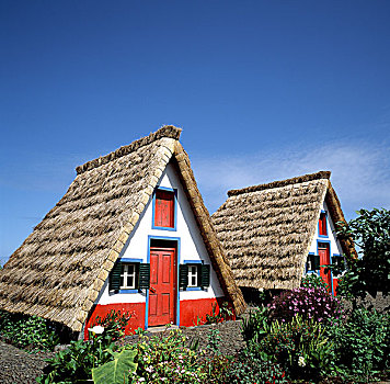 葡萄牙,马德拉岛,岛屿,乡村,传统,茅草屋顶,房子
