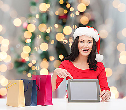 休假,科技,广告,人,概念,微笑,女人,圣诞老人,帽子,购物袋,平板电脑,电脑,上方,圣诞树,背景