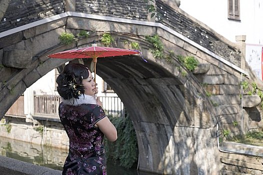 女人,伞,站立,靠近,桥,苏州,中国