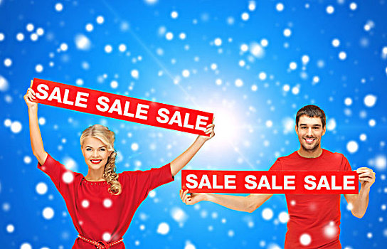 销售,购物,圣诞节,休假,人,概念,微笑,男人,女人,红色,衣服,标识,上方,蓝色,雪,背景