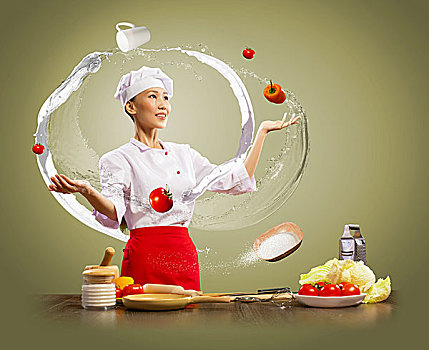 杂耍,亚洲女性,烹饪,彩色背景