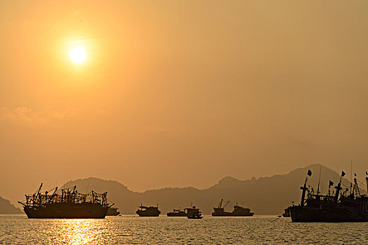 越南,岛屿,下龙湾,船,剪影,日落,大幅,尺寸