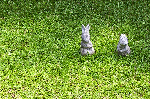两个,兔子,雕塑,青草
