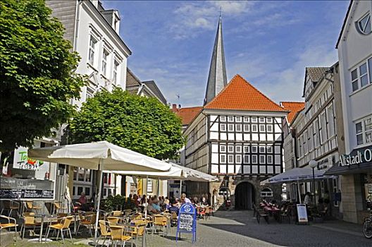老市政厅,街道,咖啡馆,老城,半木结构,框架,房子,北莱茵威斯特伐利亚,德国,欧洲