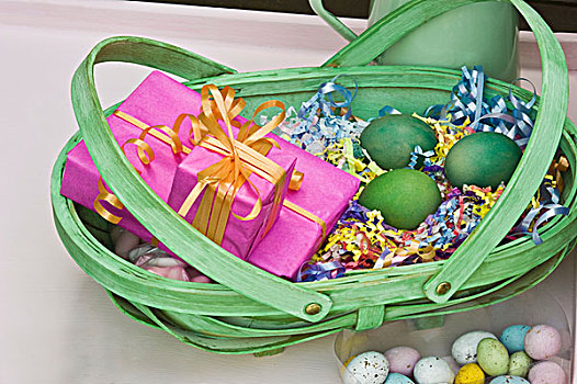 复活节草巢,包装,礼物,染,柳条篮