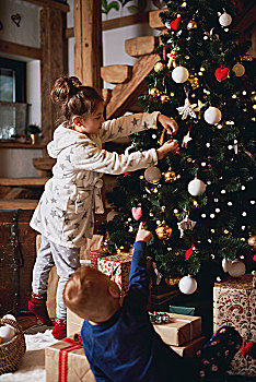 女孩,男孩,装饰,圣诞树