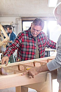 男性,木匠,检查,木头,船,工作间