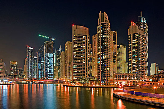摩天大楼,迪拜,码头,夜晚