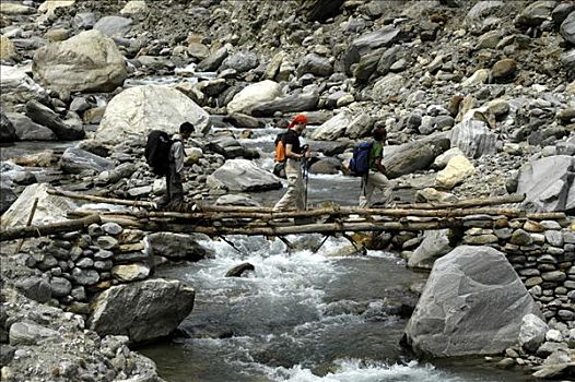 人,穿过,简单,桥,高处,安娜普纳地区,尼泊尔