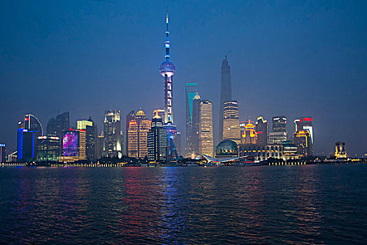 夜光,霓虹,彩色,新,上海,反射,水中