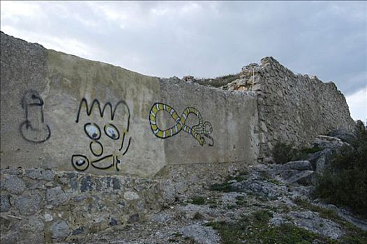 石墙,涂鸦,白色海岸,西班牙
