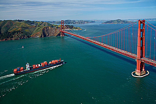 美国,加利福尼亚,旧金山,集装箱船,金门大桥,海岬,旧金山湾,俯视