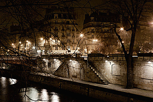 堤岸,塞纳河,夜晚,巴黎,法国