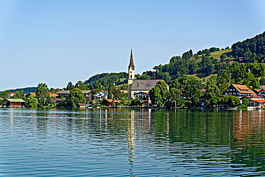 风景,上方,湖,乡村,教区教堂,上巴伐利亚,巴伐利亚,德国,欧洲