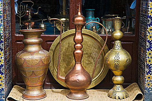 黄铜,花瓶,出售,露天市场,麦地那,玛拉喀什,马拉喀什,摩洛哥,北非,非洲