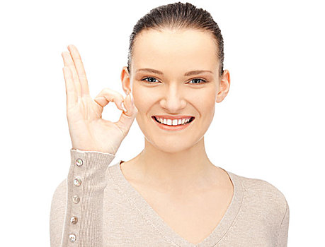 鲜明,可爱,少女,展示,ok,手势