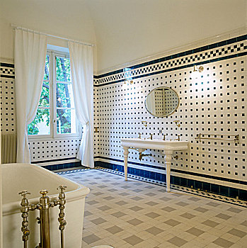 黑白,砖瓦,几何图形,旧式,浴室