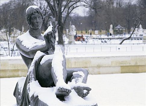 法国,巴黎,杜乐丽花园,冬天,雕塑,雪