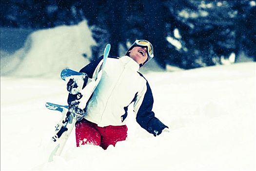 笑,滑雪板,女孩,动作,雪,奥地利