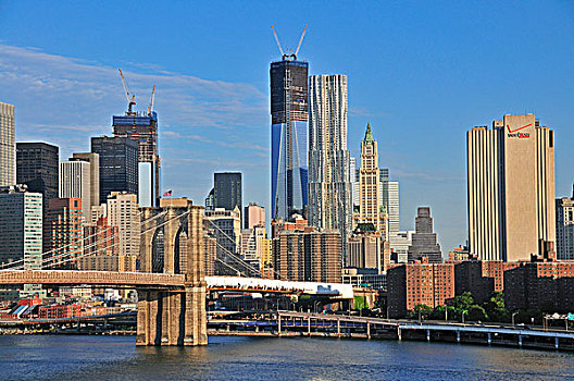 天际线,下曼哈顿,布鲁克林大桥,曼哈顿大桥,曼哈顿,纽约,美国,北美