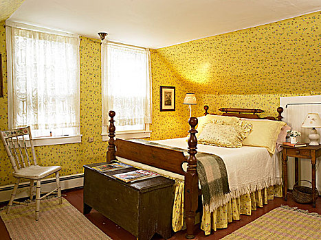 一对,木质,床,黄色,卧室,图案,壁纸