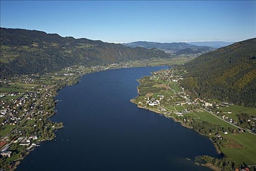 湖,教堂,右边,航拍,卡林西亚,奥地利,欧洲