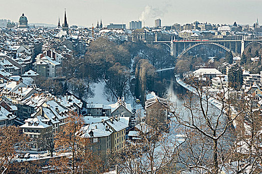俯拍,城市,河,积雪,屋顶,伯尔尼,瑞士